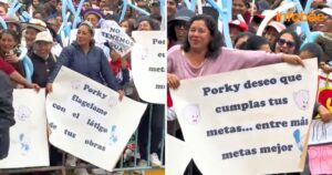 Mujeres sorprenden en inauguración de López Aliaga con carteles de doble sentido: “Porky, flagélame con el látigo de tus obras”