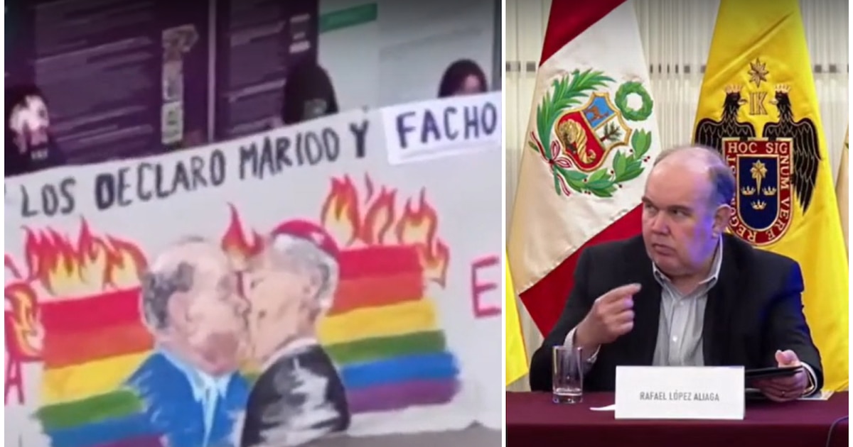 Rafael López Aliaga reacciona en plena rueda de prensa al verse en un grafiti protagonizando un beso homosexual