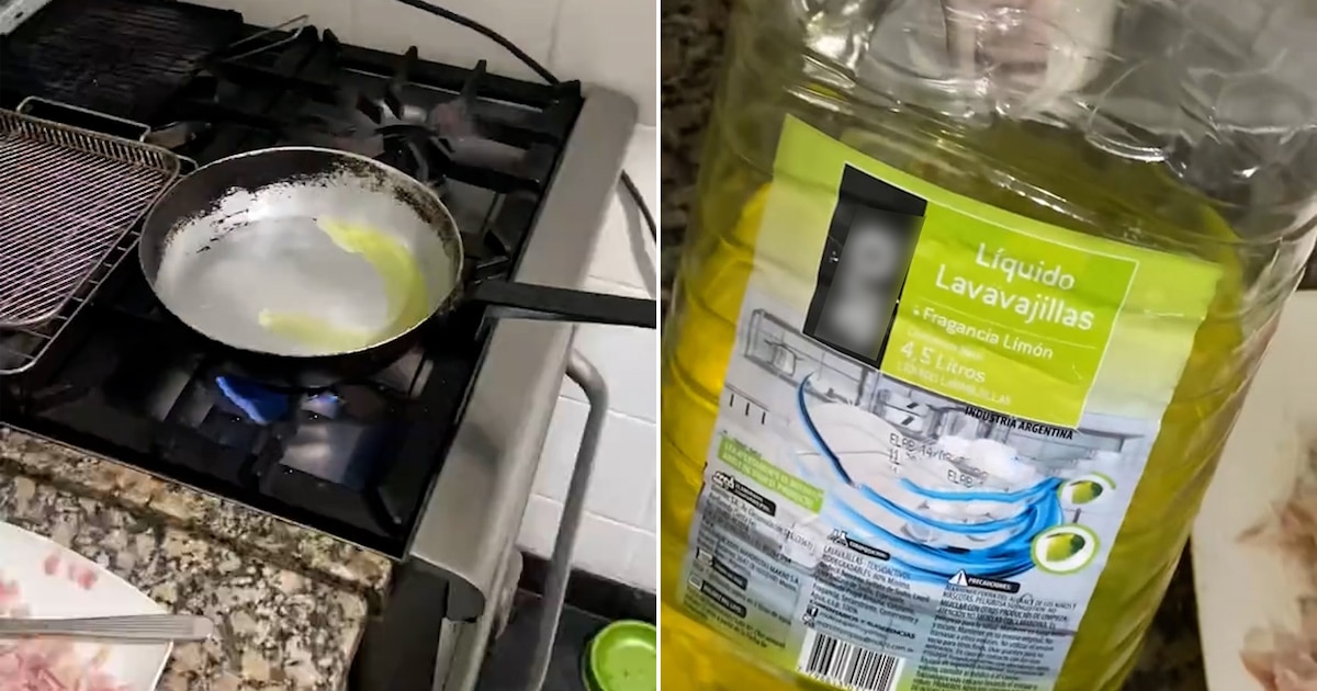 Su novio la sorprendió al preparar la cena pero confundió el aceite con el liquido para lavavajillas y el video se hizo viral