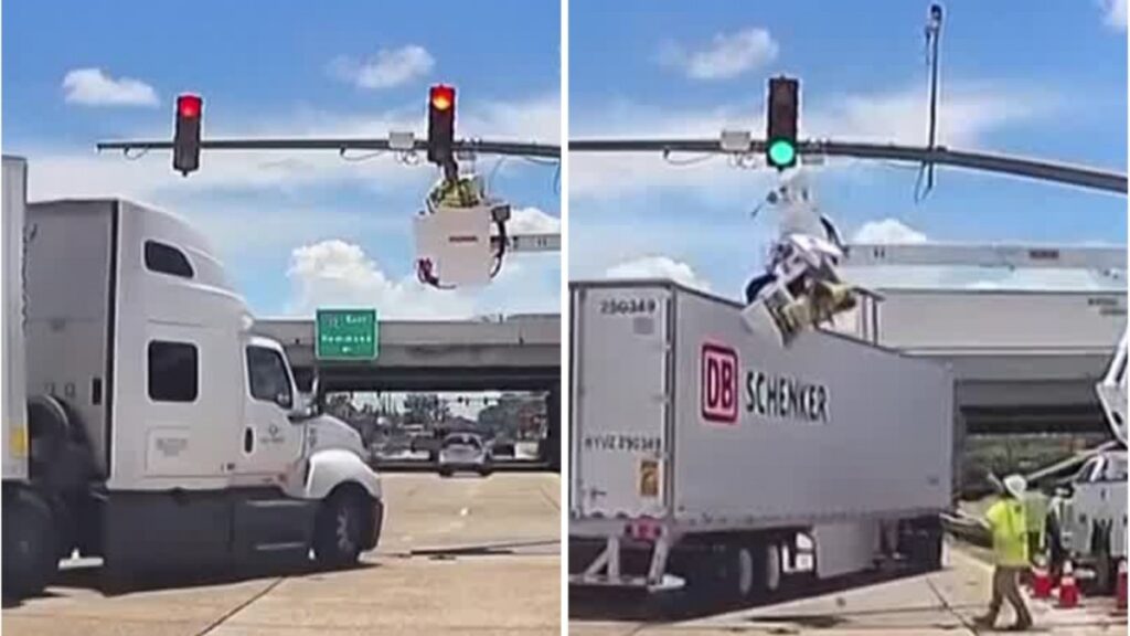 Camión choca a trabajador que arreglaba semáforo desde una grúa: Video captó el momento