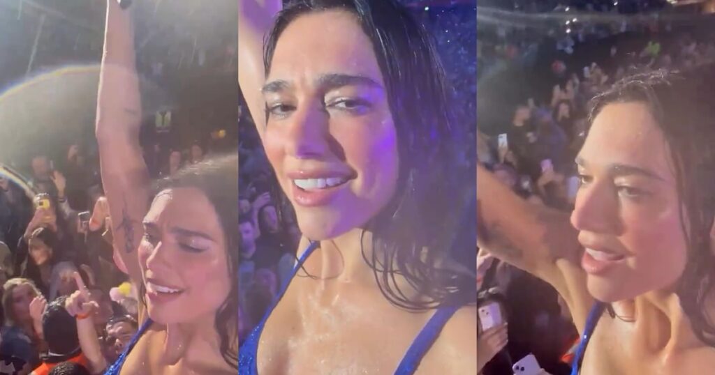 Noche viral en Liverpool: Dua Lipa canta bajo la tormenta “Be the one”
