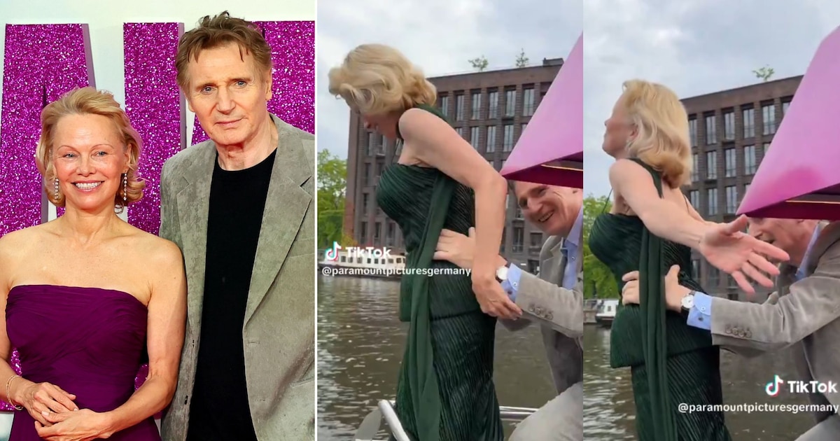 Liam Neeson y Pamela Anderson recrean icónico momento de Titanic en plena gira europea y desatan rumores de romance