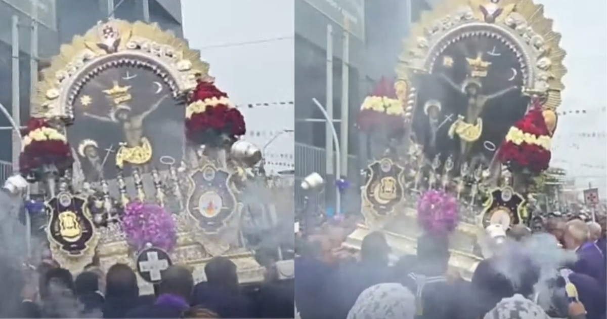 Casi caída del anda en procesión del Señor de los Milagros en Callao