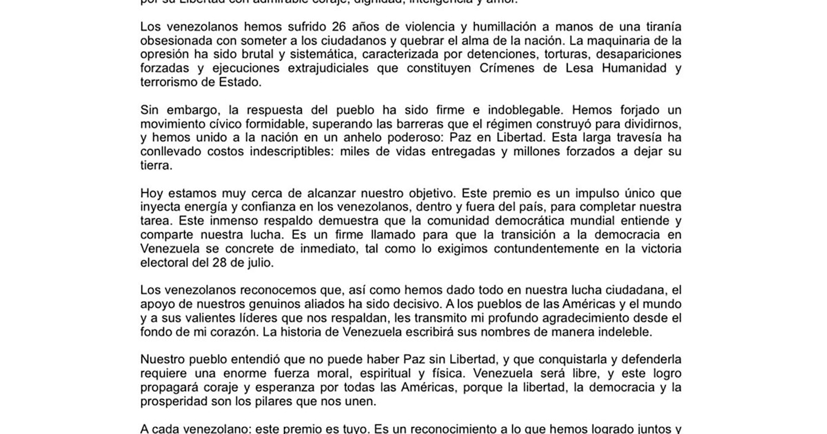 ¡Nobel de la Paz 2025 para María Corina Machado: Venezuela será libre, afirma que la lucha contra la tiranía inspira esperanza en