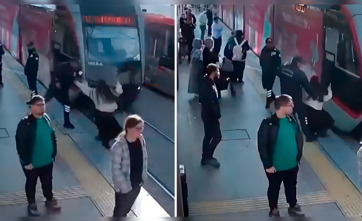 ¡Milagro en Kayseri: Guardia salva a joven distraída de ser atropellada por tranvía en plena estación!