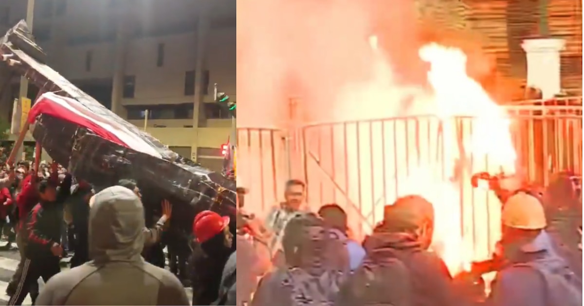 Manifestantes inician el incendio frente al Congreso en Lima con un violín gigante