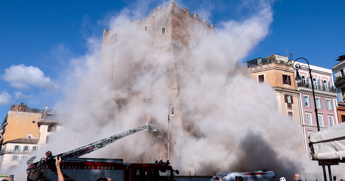 Derrumbe en torre medieval de Roma deja un herido grave y un trabajador atrapado
