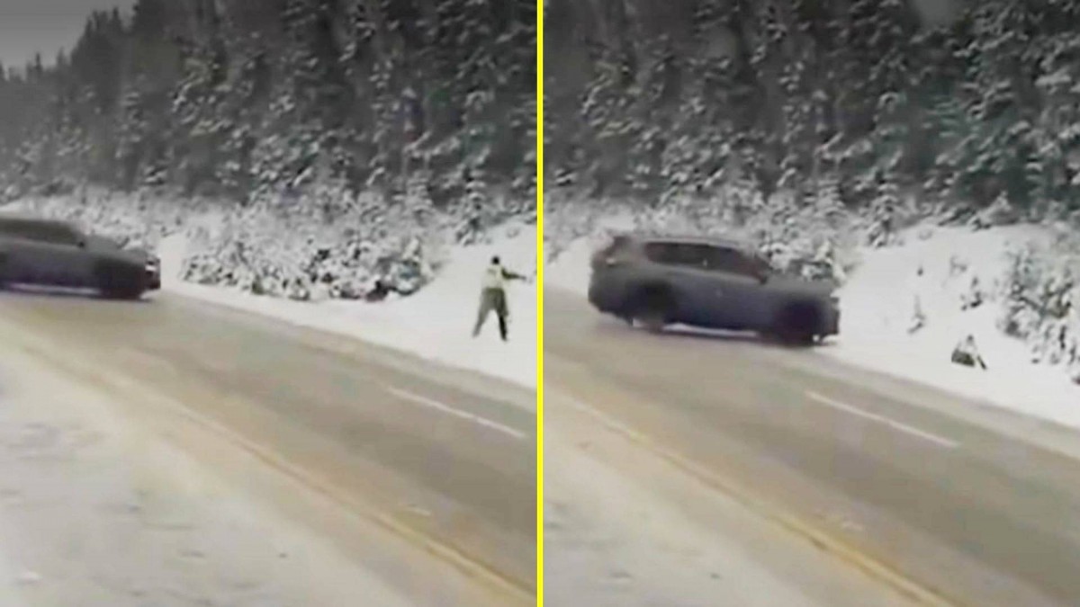Policía casi atropellado en Canadá tras perder control vehículo en la nieve